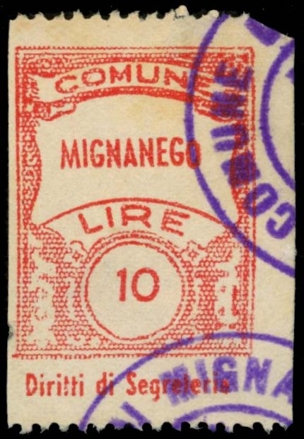 Marca da Bollo del Comune di MIGNANEGO su Carta Bianca di dimensioni 22,5 X 33 mm