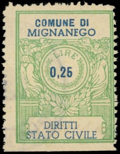Marca da Bollo del Comune di MIGNANEGO su Carta Bianca di dimensioni 23 x 29 mm