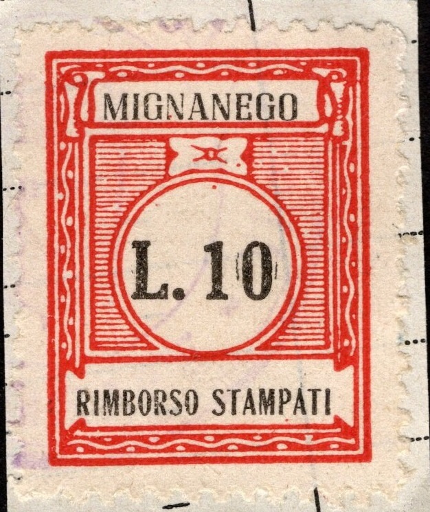 Marca da Bollo del Comune di MIGNANEGO su Carta Bianca di dimensioni 23 x 27 mm
