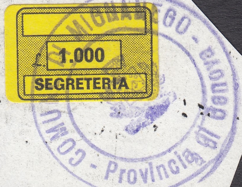 Marca da Bollo del Comune di MIGNANEGO su Carta Colorata di dimensioni 19 x 12 mm