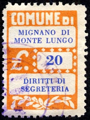 Marca da Bollo del Comune di MIGNANO MONTE LUNGO su Carta Bianca Sottile di dimensioni 20 x 27,5 mm