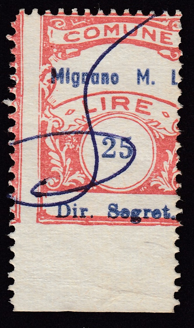 Marca da Bollo del Comune di MIGNANO MONTE LUNGO su Carta Bianca Sottile di dimensioni 20 x 28 mm
