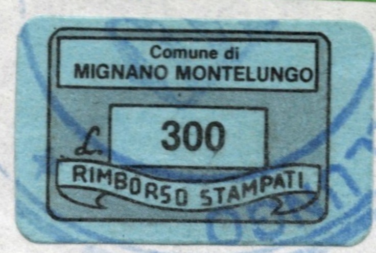 Marca da Bollo del Comune di MIGNANO MONTE LUNGO su Carta Colorata di dimensioni 20 x 14 mm