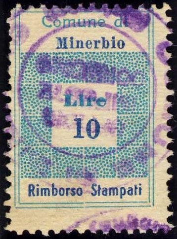 Marca da Bollo del Comune di MINERBIO su Carta Bianca di dimensioni 19,5 x 28,5 mm