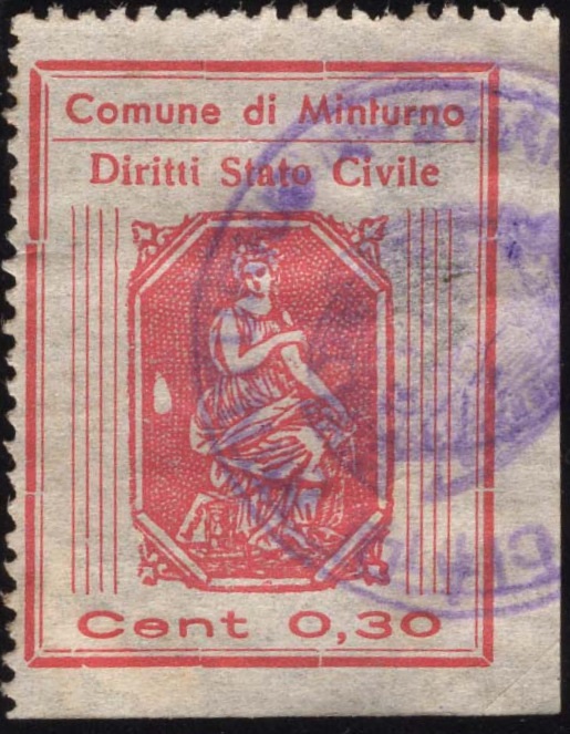 Marca da Bollo del Comune di MINTURNO su Carta Bianca di dimensioni 23 x 32 mm