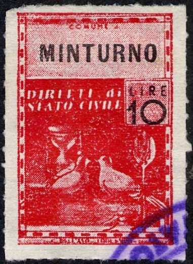Marca da Bollo del Comune di MINTURNO su Carta Bianca Sottile di dimensioni 21 X 32 mm