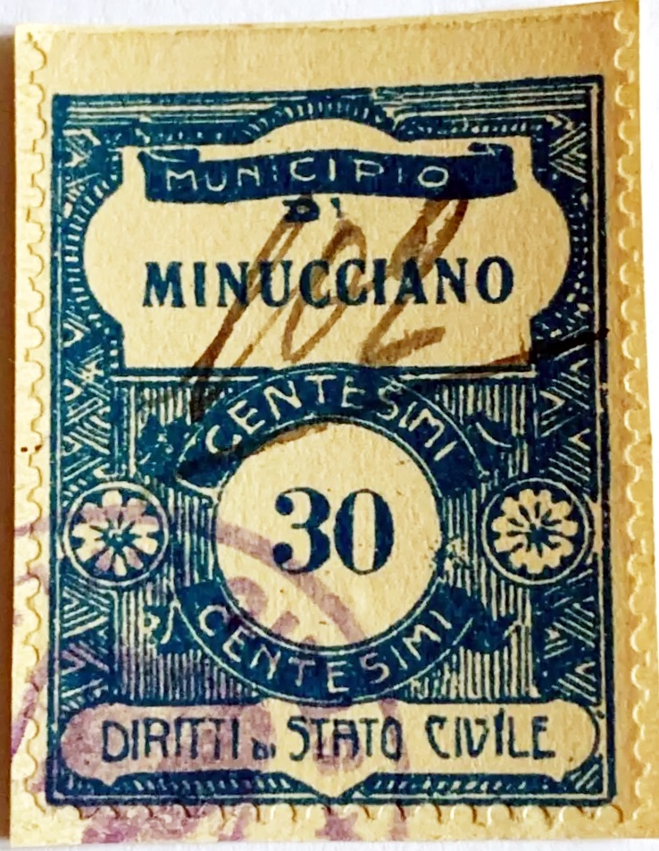 Marca da Bollo del Comune di MINUCCIANO su Carta Bianca Sottile di dimensioni 23 x 29,5 mm