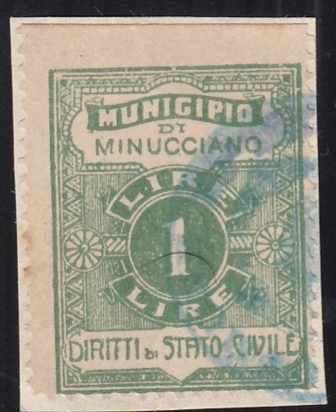 Marca da Bollo del Comune di MINUCCIANO su Carta Bianca Sottile di dimensioni 23 x 29,5 mm