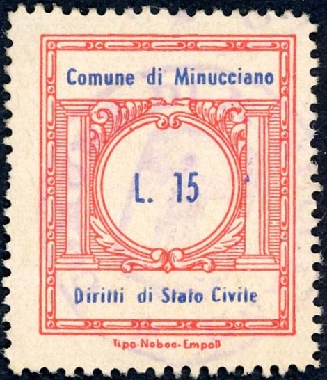 Marca da Bollo del Comune di MINUCCIANO su Carta Bianca di dimensioni 21 x 25 mm