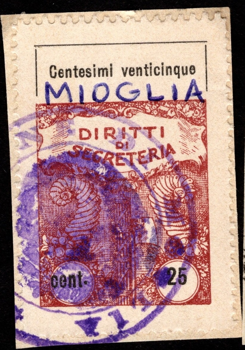 Marca da Bollo del Comune di MIOGLIA su Carta Bianca di dimensioni 26,5 x 35 mm