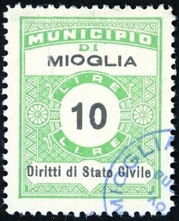 Marca da Bollo del Comune di MIOGLIA su Carta Bianca di dimensioni 22,5 x 29 mm