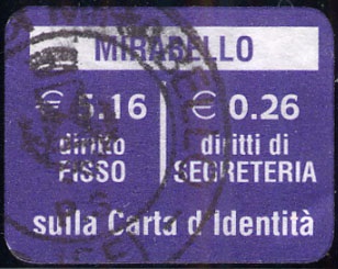 Marca da Bollo del Comune di MIRABELLO su Carta Bianca di dimensioni 25 x 13 mm