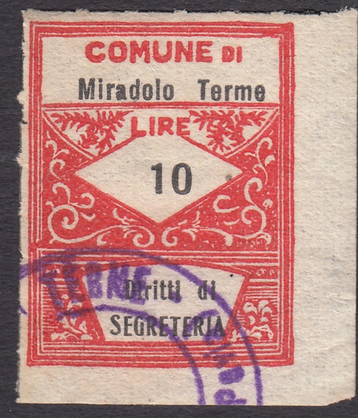 Marca da Bollo del Comune di MIRADOLO TERME su Carta Bianca Sottile di dimensioni 22 x 28,5 mm