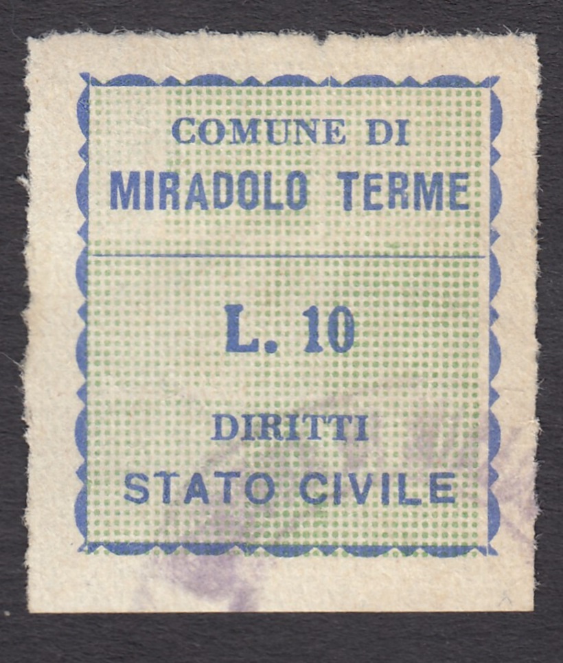 Marca da Bollo del Comune di MIRADOLO TERME su Carta Bianca Sottile di dimensioni 23 x 26 mm