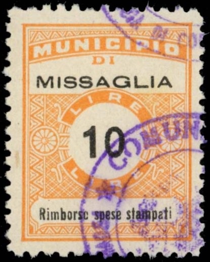 Marca da Bollo del Comune di MISSAGLIA su Carta Bianca di dimensioni 22,5 x 29 mm