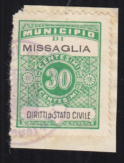 Marca da Bollo del Comune di MISSAGLIA su Carta Bianca di dimensioni 22,5 x 29 mm
