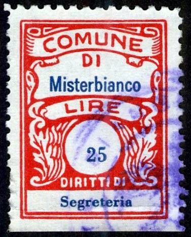 Marca da Bollo del Comune di MISTERBIANCO su Carta Bianca Sottile di dimensioni mm