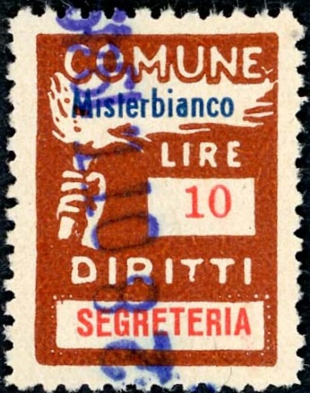 Marca da Bollo del Comune di MISTERBIANCO su Carta Bianca Sottile di dimensioni 18,5 x 26 mm