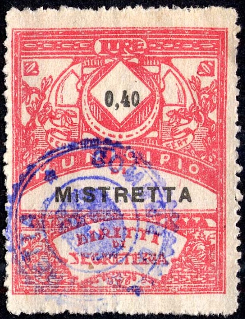 Marca da Bollo del Comune di MISTRETTA su Carta Bianca di dimensioni 21,5 x 28 mm