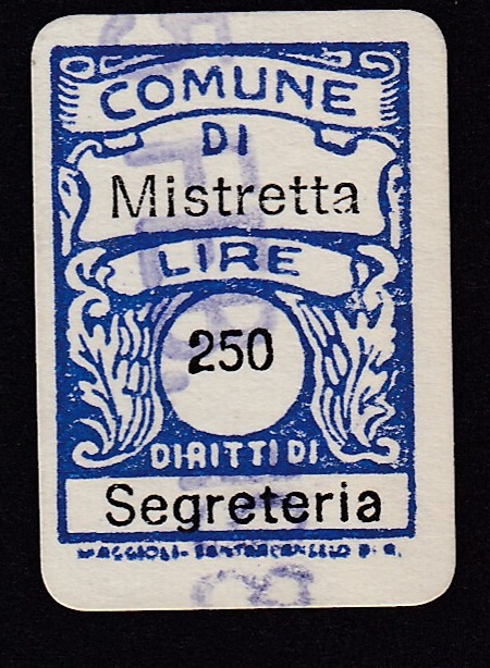 Marca da Bollo del Comune di MISTRETTA su Carta Bianca di dimensioni 13,5 x 20 mm