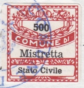 Marca da Bollo del Comune di MISTRETTA su Carta Bianca di dimensioni 19,5 x 20,5 mm