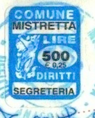 Marca da Bollo del Comune di MISTRETTA su Carta Bianca di dimensioni 16 x 21 mm