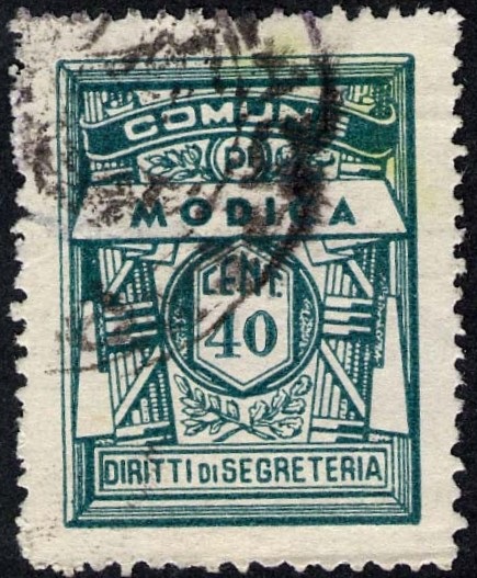 Marca da Bollo del Comune di MODICA su Carta Bianca Sittile di dimensioni 21,5 x 28,5 mm