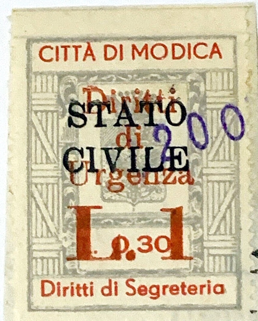 Marca da Bollo del Comune di MODICA su Carta Bianca Sittile di dimensioni 21,5 x 28,5 mm