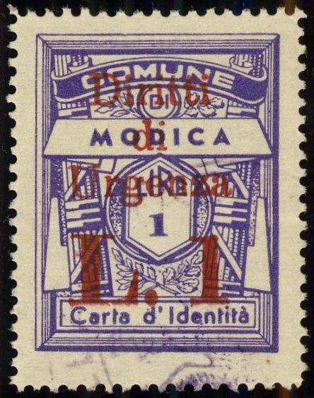 Marca da Bollo del Comune di MODICA su Carta Bianca Sittile di dimensioni 23,5 x 31,5 mm