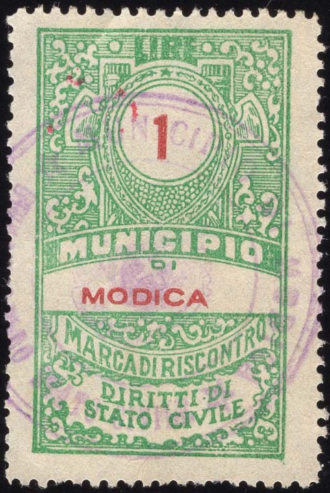 Marca da Bollo del Comune di MODICA su Carta Bianca Sittile di dimensioni 23,5 x 42 mm