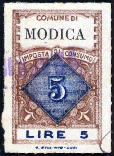Marca da Bollo del Comune di MODICA su Carta Bianca di dimensioni 44 x 31 mm