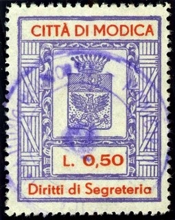 Marca da Bollo del Comune di MODICA su Carta Bianca di dimensioni 26,5 x 34,5 mm