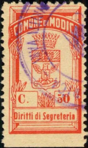 Marca da Bollo del Comune di MODICA su Carta Bianca di dimensioni 17 x 30,5 mm