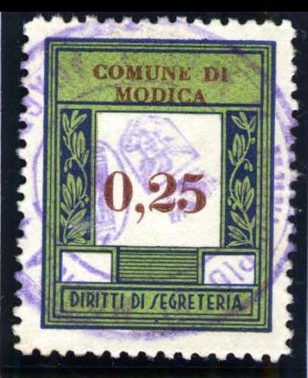Marca da Bollo del Comune di MODICA su Carta Bianca di dimensioni 23,5 x 29,5 mm