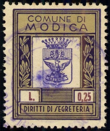 Marca da Bollo del Comune di MODICA su Carta Bianca di dimensioni 23,5 x 29,5 mm