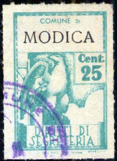 Marca da Bollo del Comune di MODICA su Carta Bianca Sittile di dimensioni 21 X 32 mm