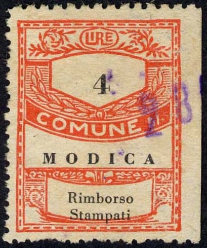 Marca da Bollo del Comune di MODICA su Carta Bianca di dimensioni 22 x 28,5 mm