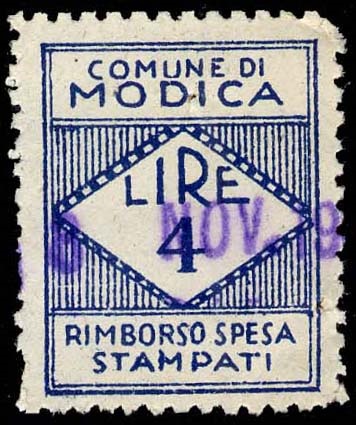 Marca da Bollo del Comune di MODICA su Carta Bianca di dimensioni 19 x 25 mm
