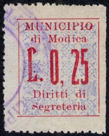 Marca da Bollo del Comune di MODICA su Carta Bianca Sittile di dimensioni 19 x 24 mm