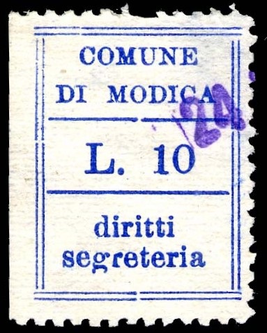 Marca da Bollo del Comune di MODICA su Carta Bianca di dimensioni 20 x 27 mm