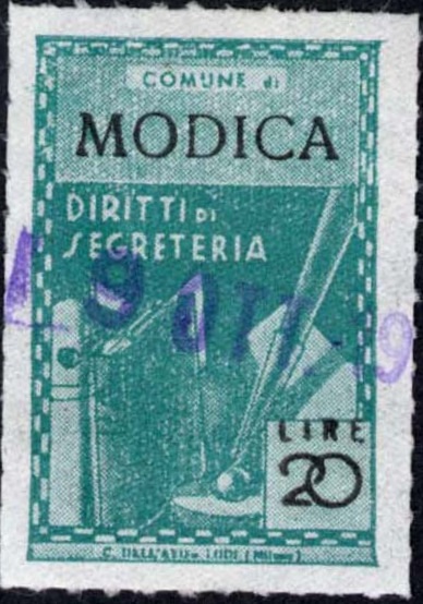 Marca da Bollo del Comune di MODICA su Carta Bianca di dimensioni 20,5 x 32 mm
