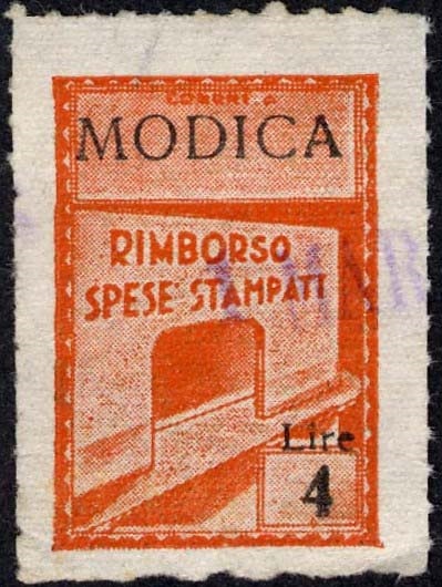Marca da Bollo del Comune di MODICA su Carta Bianca Sittile di dimensioni 19 x 28,5 mm