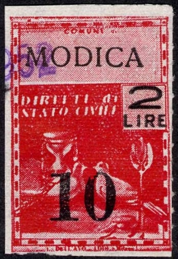 Marca da Bollo del Comune di MODICA su Carta Bianca Sottile di dimensioni 21 X 33,5 mm