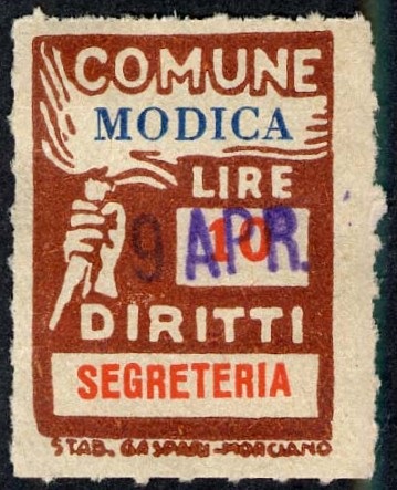 Marca da Bollo del Comune di MODICA su di dimensioni 19 x 26 mm