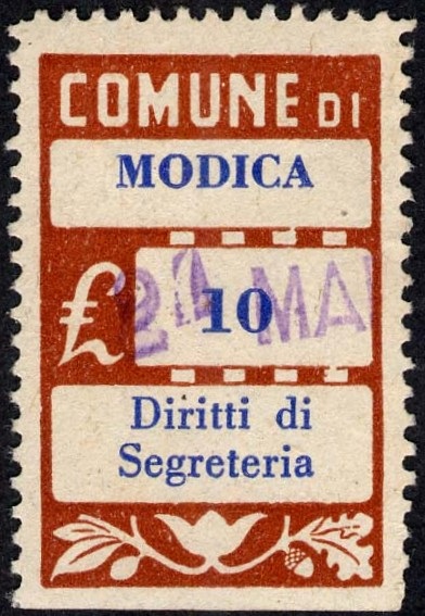 Marca da Bollo del Comune di MODICA su Carta Bianca di dimensioni 21 x 34 mm