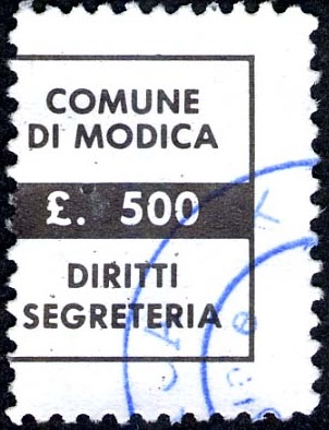 Marca da Bollo del Comune di MODICA su Carta Bianca di dimensioni 16,5 x 19,5 mm