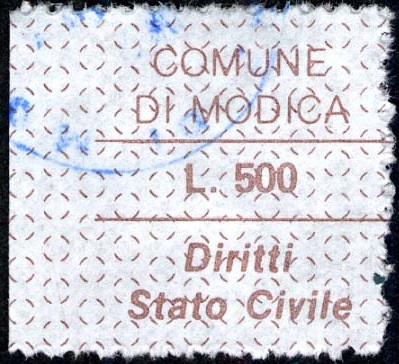Marca da Bollo del Comune di MODICA su Carta Bianca di dimensioni 22 x 19,5 mm