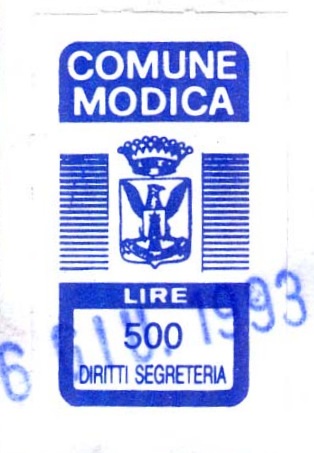 Marca da Bollo del Comune di MODICA su Carta Bianca di dimensioni 12,5 x 24,5 mm