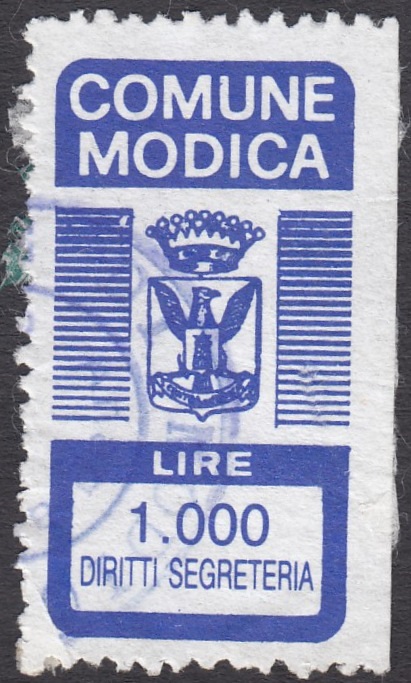 Marca da Bollo del Comune di MODICA su Carta Bianca di dimensioni 18 x 35 mm