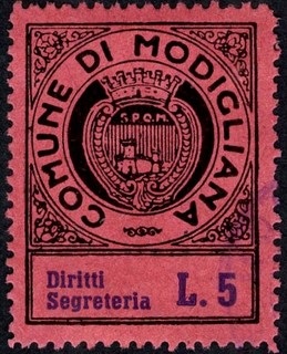 Marca da Bollo del Comune di MODIGLIANA su Carta Colorata di dimensioni 24 x 32 mm